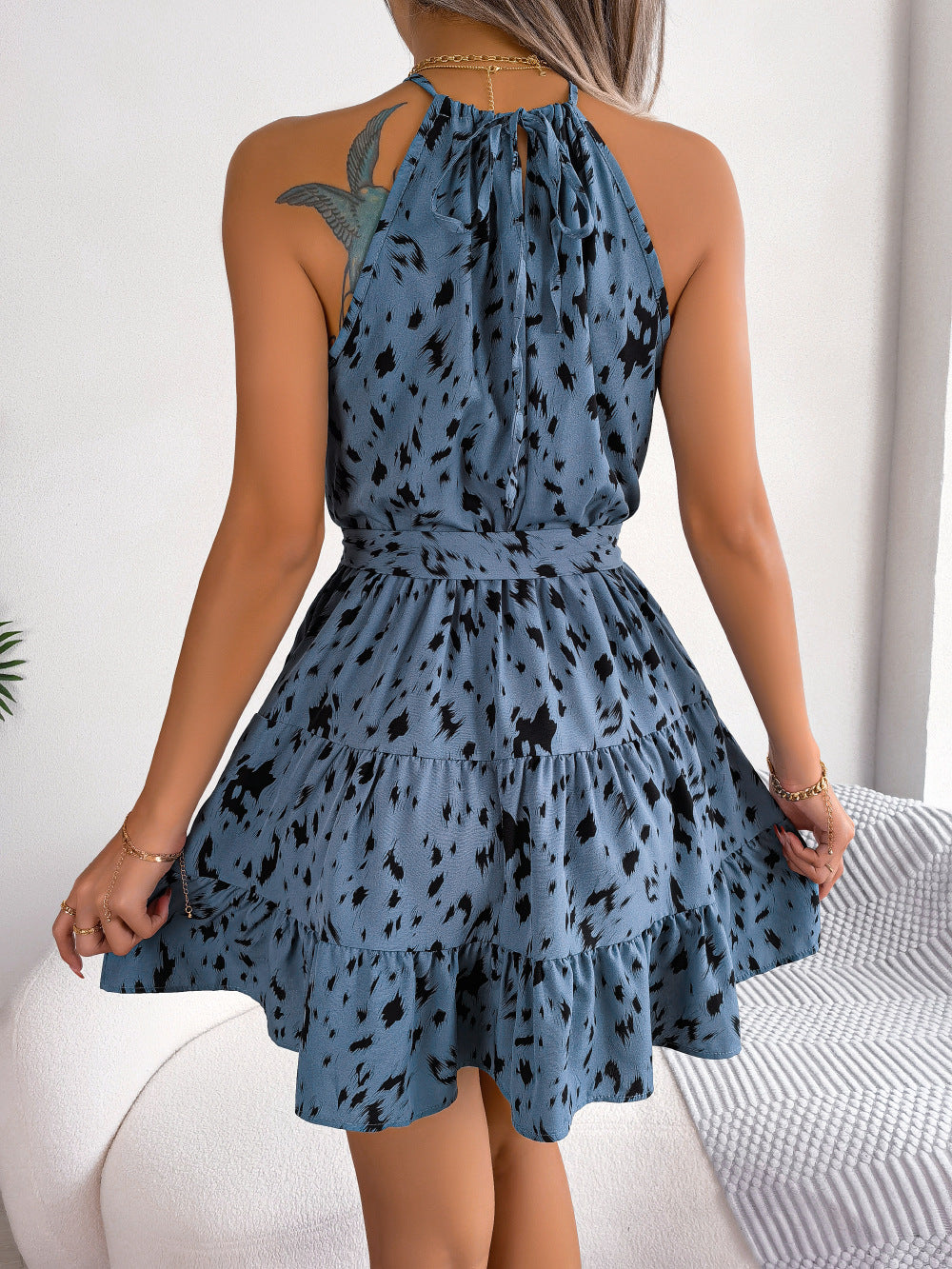 Casual Spotted Print Ruffled Swing Dress